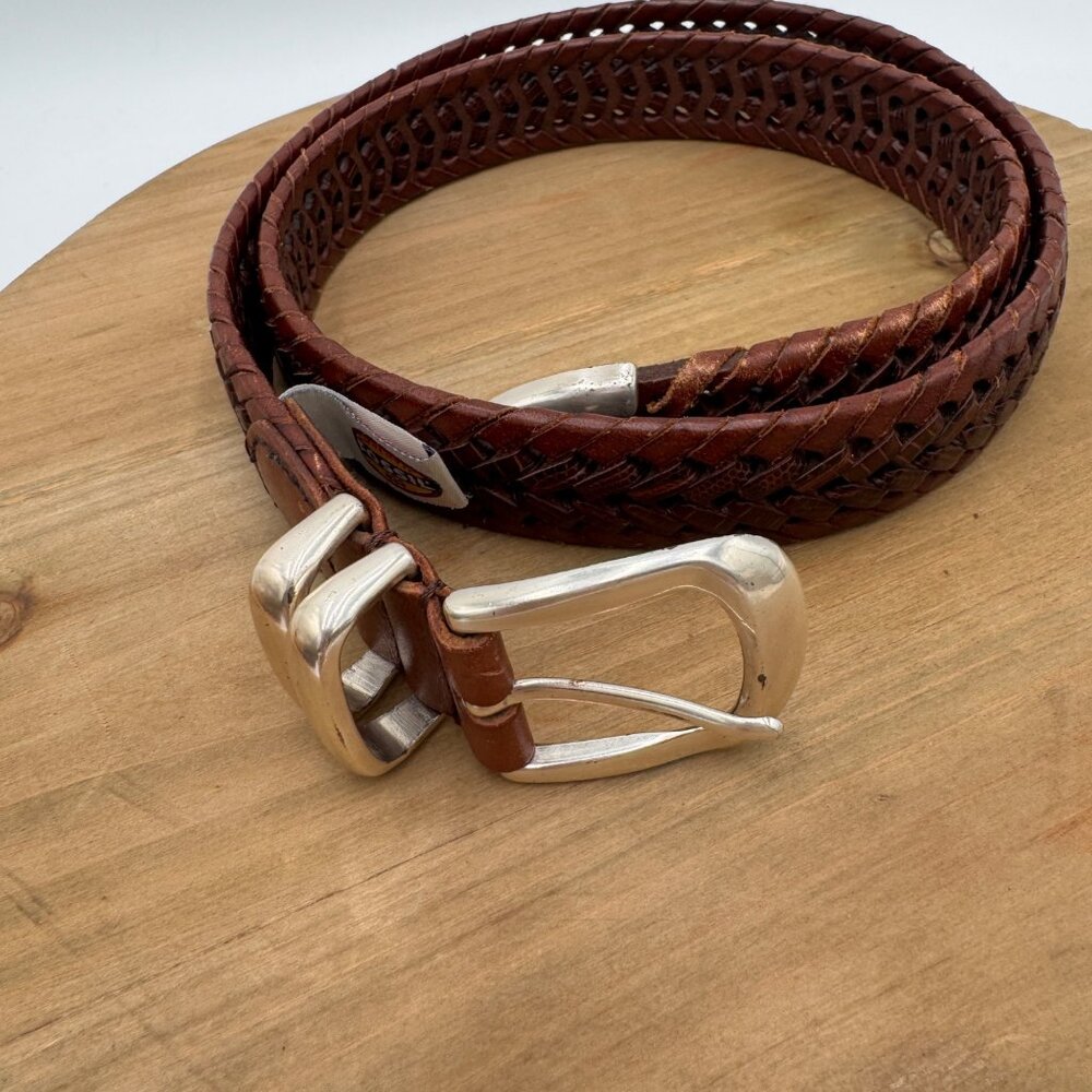 Fossil Mens Woven Genuine Leather Belt With Silver Buckle Size 36